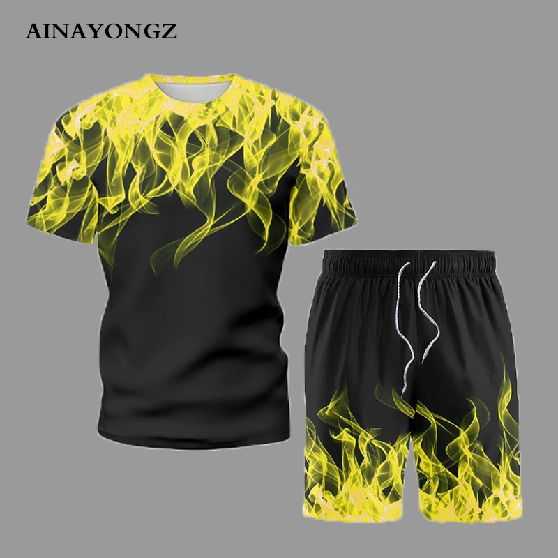 Simplicity Yellow Flame Print Clothes Men Sets 2022 Cool Summer T-Shirt With Shorts Suit Plus Size Trendy Beachwear Male Outfit