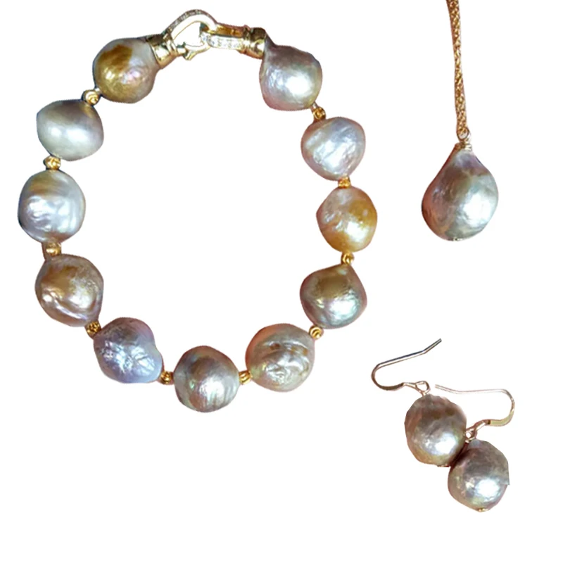 Fashion irregular natural White purple 11-14MM baroque edison shaped pearl earrings bracelet pendant necklace 40CM set | Украшения и