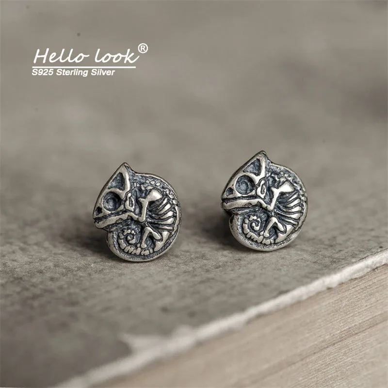 HelloLook 925 Sterling Silver Vintage Distressed Chameleon Earrings Fashion Personality Skull  Earring Jewelry Punk Rock
