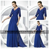 2019 new elegant blue chiffon v neck half a line formal mother of the bride dresses lace split wv 756