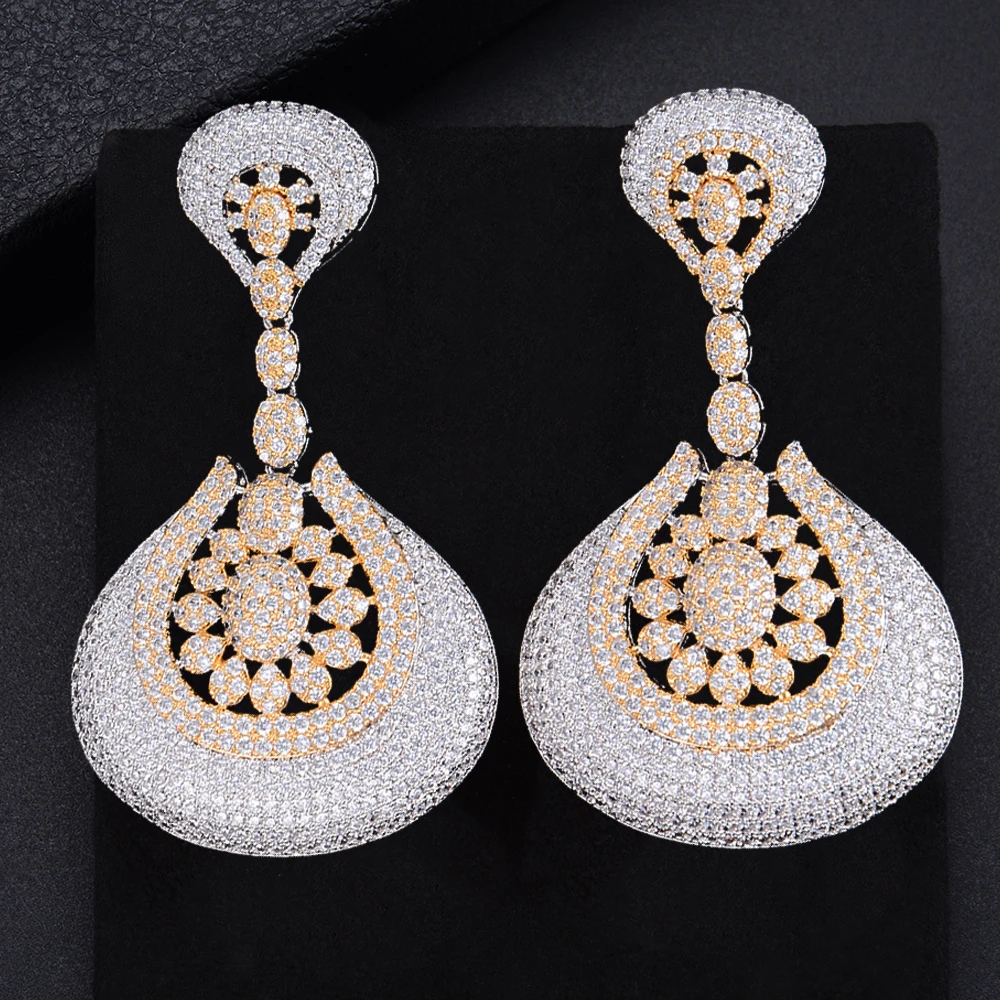 

LARRAURI Роскошные Длинные крупные серьги Нежный Роскошные Gemoetric Капля воды цветок кубического циркония вечерние свадебные саудовско-Аравийск...