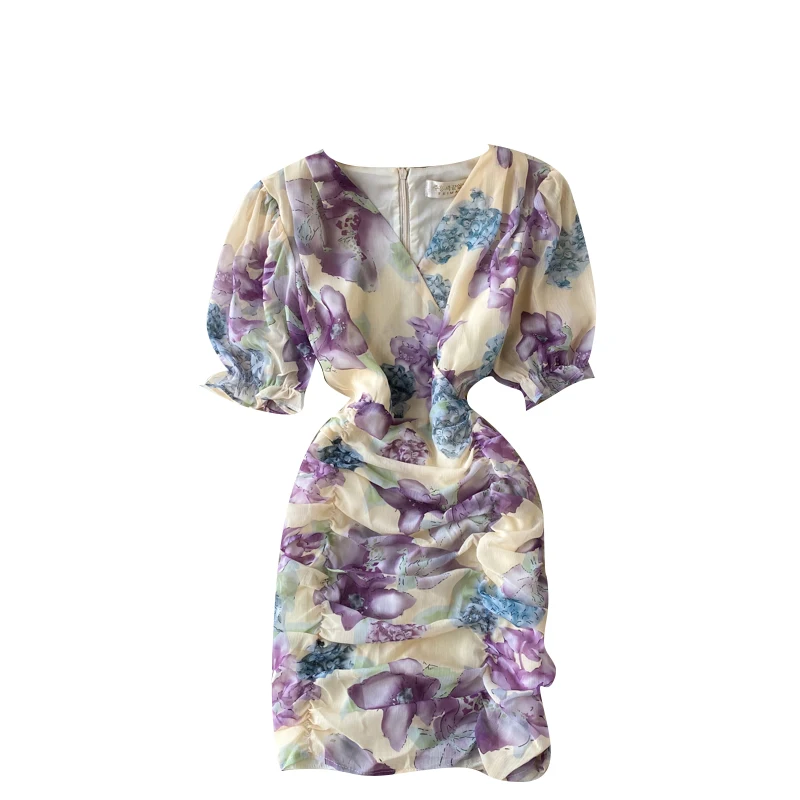 

French retro pure sweet print dress cross V-neck bubble sleeve pleated sexy buttock slim