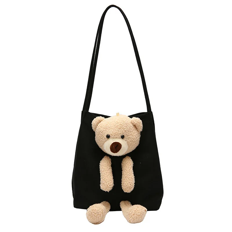 

Cute Cartoon Bear Women Shoulder Bag Fashion Solid Color Canvas Handbags Female Casual Large Capacity Travel Shopping Totes 2021