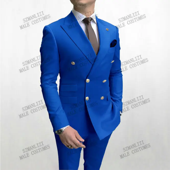 2021 High Quality Royal Blue Men Suits Double Breasted Groomsmen Blazer Wedding Suits For Men 2 Pieces Slim Fit Business Suits