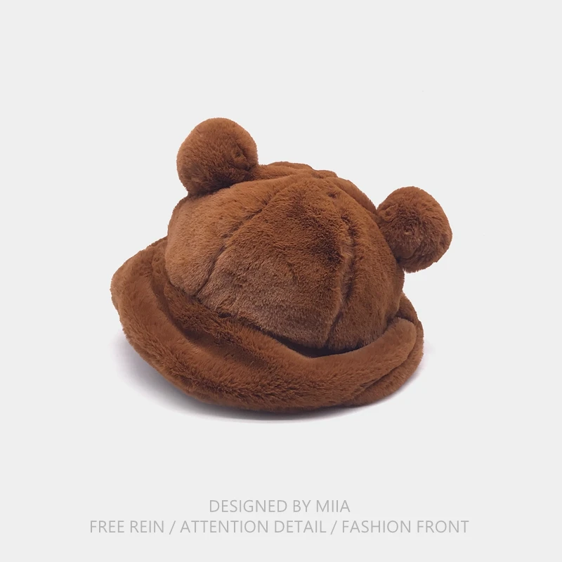 Japan autumn winter leopard fur bucket hat bear ear ball plush fisherman soft warm thick basin protection hats | Аксессуары для