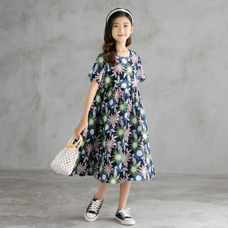 

6 To 16 Years, Girls Midi Dress 100% Cotton 2021 New Beach Mommy and Children Clothes Kids Dresses for Girls Floral,#6188