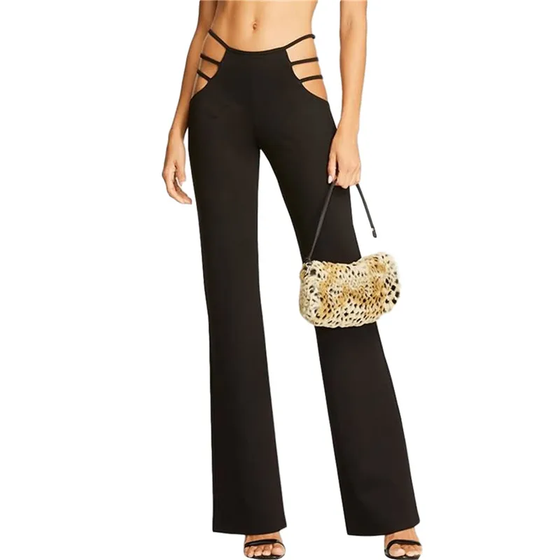 

Women Solid Color Sexy Cut Out Pants Mid Waist Slim Fitness Pants Hollow Out Flare Pants Streetwear Bell Bottom Pants Trousers