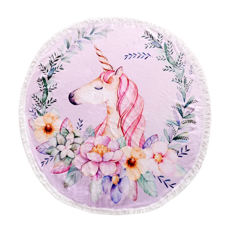 Пляжное полотенце с кисточками Цветочный Фламинго Единорог серии микрофибра