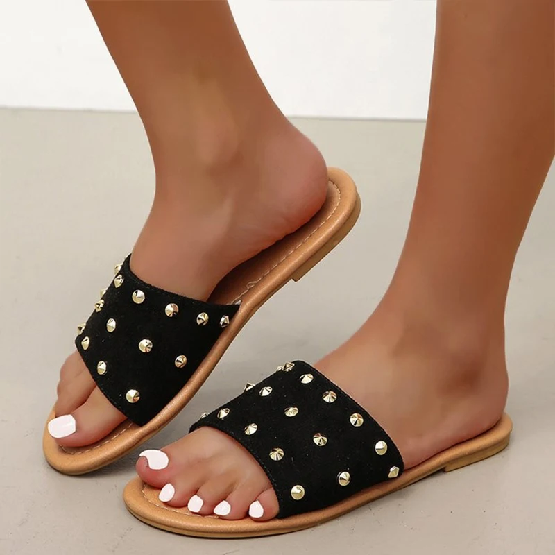 

New Summer Woman Flat Slippers Flip Flops Feminino Bohemian Beach Chaussure Slides Rivet Shoes Big Size 35-43