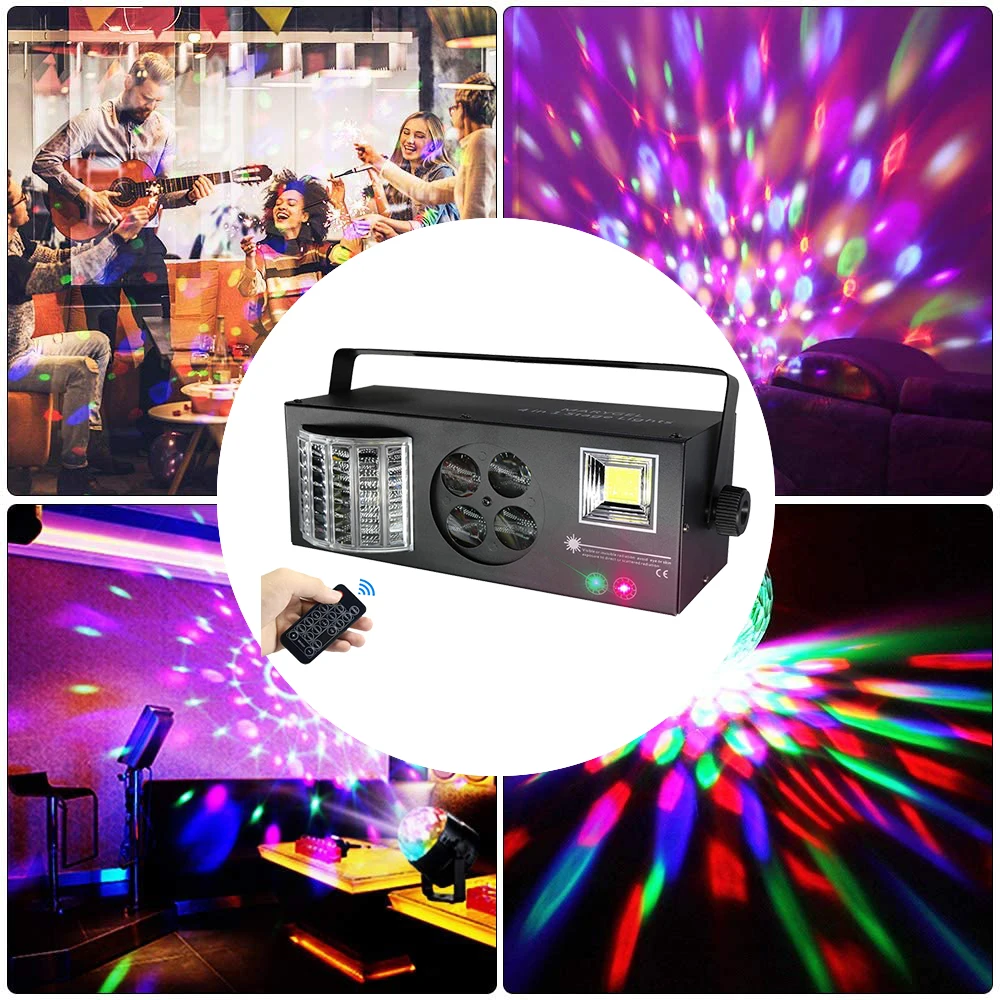 

4 in 1 Mixed Stage Lighting Effect Sound Activated RGBW LED Pattern Lights Strobe Light By Remote and DMX Control For DJ Disco