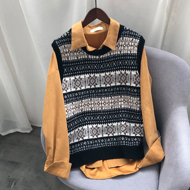 

SISPELL Print Hit Color Vests For Female O Neck Sleeveless Loose Women's Casual Knitting Vest Fashion Streetwear Tide 2021