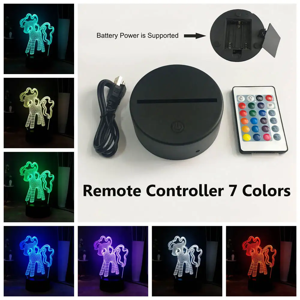 USB Remote 7 colors 3D оптическая настольная лампа My Little Pony с изображением героев мультфильмов, земляных пони, PinkiePie, светодиодный ночной Светильник для сна, милая улыбка, подарок на день рождения для детей - Испускаемый цвет: USB Remote 7 colors