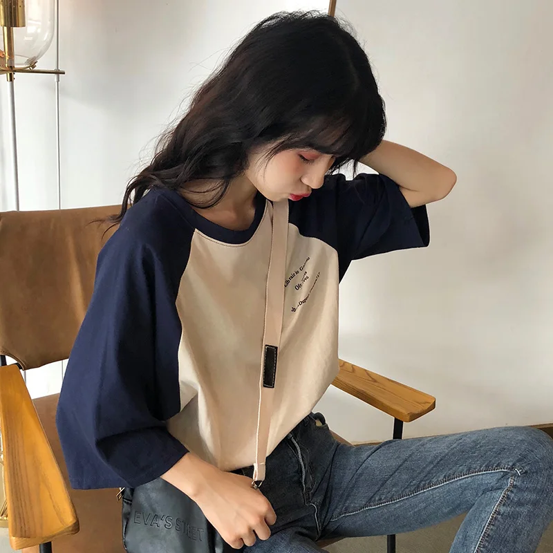 

Oversized Patchwork T-shirt Summer 2021 O-neck Letter Print Tops Splice Short Sleeve Casual Tshirts Loose Female T Shirt
