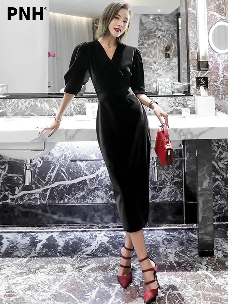 

Бархатное платье черного и золотого цвета, модель 2021 на весну и осень, темпераментная приталенная французская ретро-юбка для дам