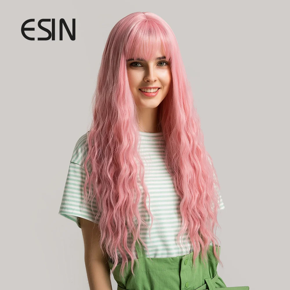ESIN розовые синтетические волосы парики с челкой длинный волнистый парик для
