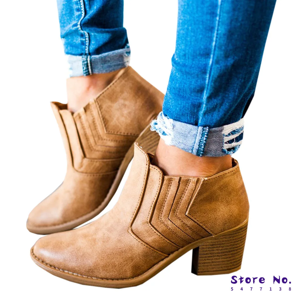 

2020 New Women Ankle Boots Block High Heels Botas Zapatos Mujer Retro Leather Winter Shoes Woman Plus Size Booties Cowboy Boots