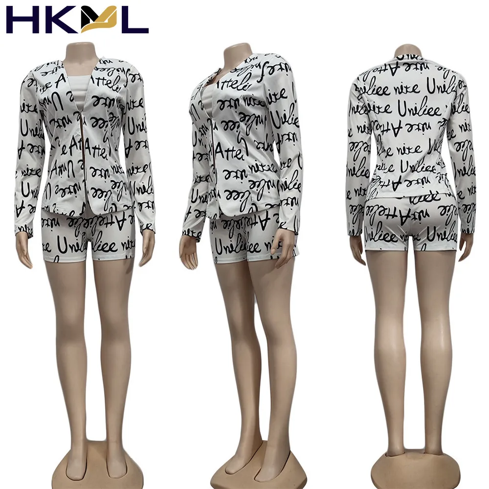 

Autumn Women Short Set Long Sleeve Blazer Letter Print Deep V Neck and Biker Short Office Elgant Chic Tracksuits
