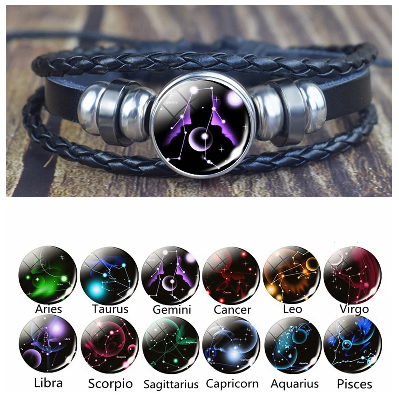 

Fashion Men Women Black Leather 12 Constellation Bracelet Glass Dome Steampunk Zodiac Bracelet Jewelry Accessories Birthday Gift