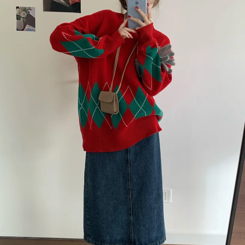 Рождественский женский свитер с рождественским принтом Санта-Клауса вязаный