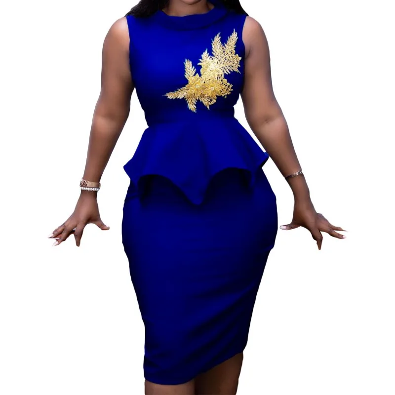

African Dresses For Women Sleeveless High Waist Ruffle Splice Fashion Gold Appliques Elegant Chic Africa Traditional Party Dress