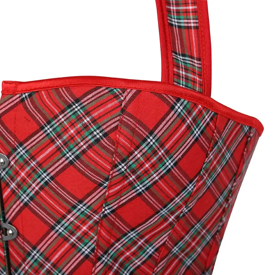 Женский красный клетчатый корсет с ремнями модный сексуальный со шнуровкой на