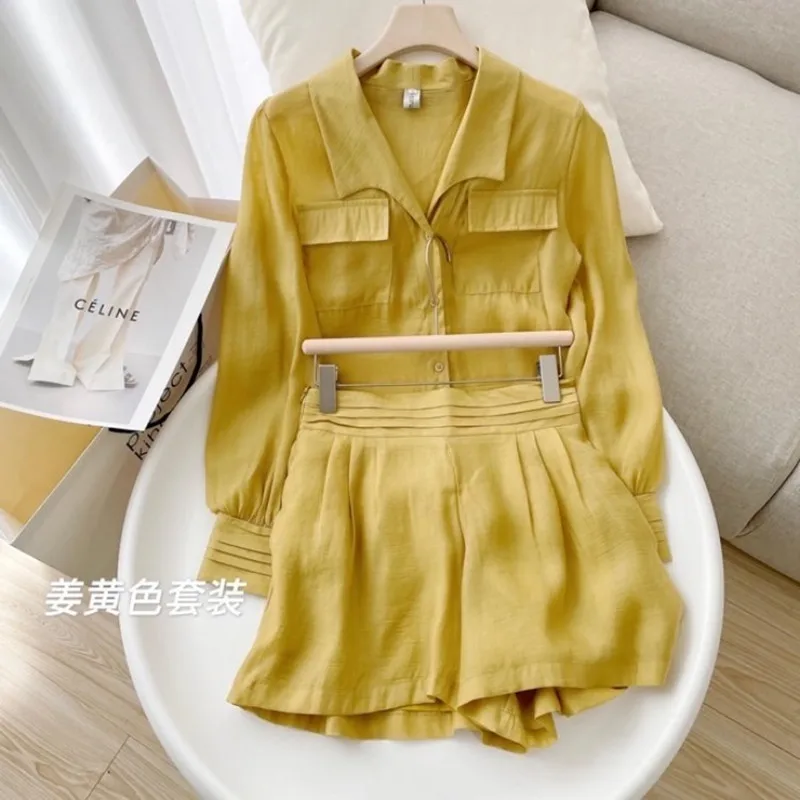 

Summer Two Piece Set Women 2021 Cotton Shorts Sets Elegant OL Oversized Shirt High Waist Loose Shorts Mujer Sets
