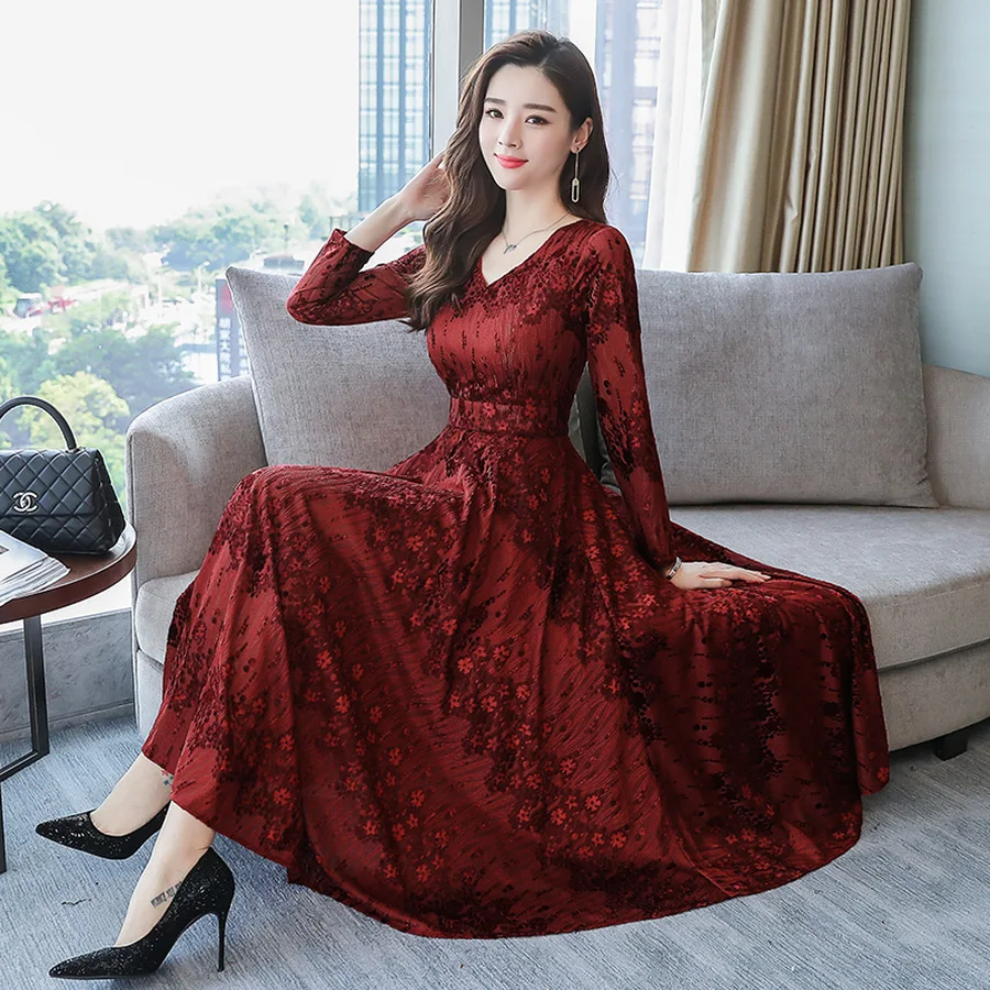 Винтажные однотонные платья миди Осень зима 2020 Женское Платье макси с длинным