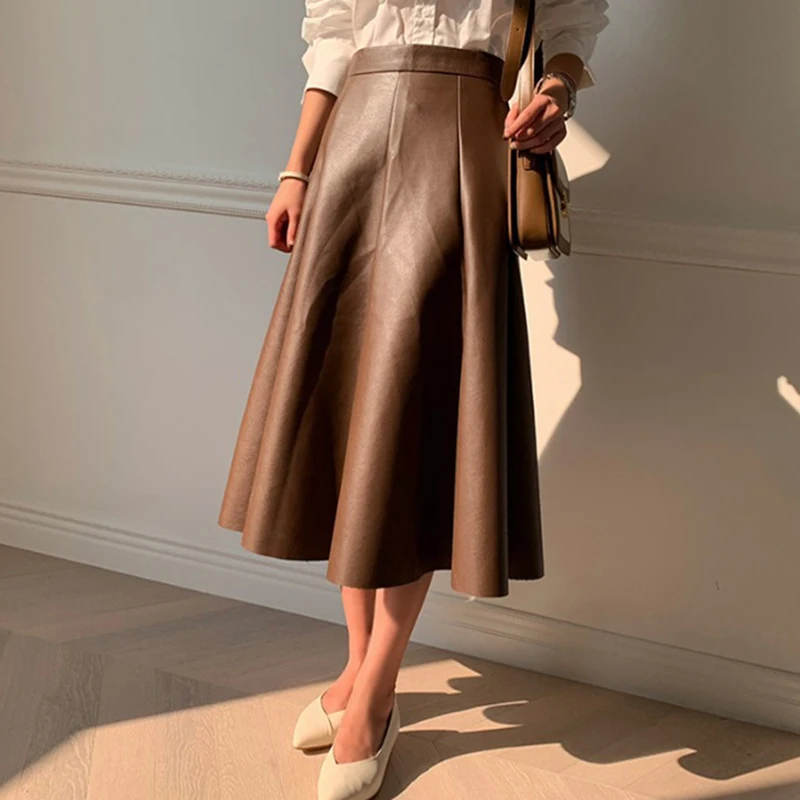 

Faux Pu Leather Skirt A-shaped Skirt Half-length Long Skirt Thicken Autumn Warm All-match Skirt Optional