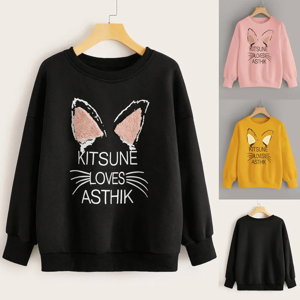 

Fashion sweatshirt Women Casual Letter Print Cat O-Neck Long Sleeve Top Blouse oversized hoodie winter clothes wome sudadera J60