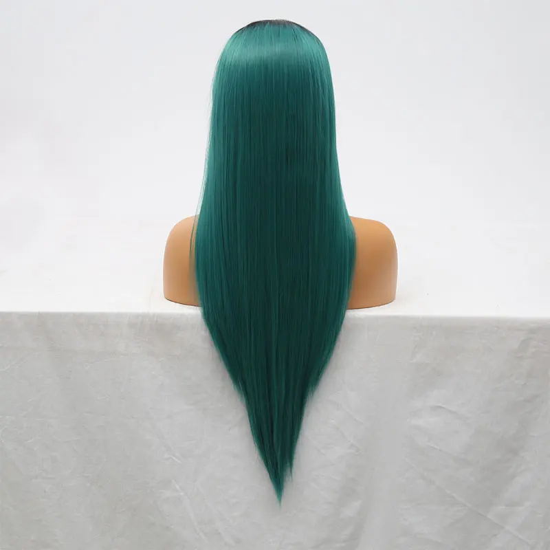 Synthetic 13*3 Lace Front Wig Black Roots Ombre Dark Green Silky Straight Heat Resistant Fiber Hair Middle Parting For Women | Шиньоны и