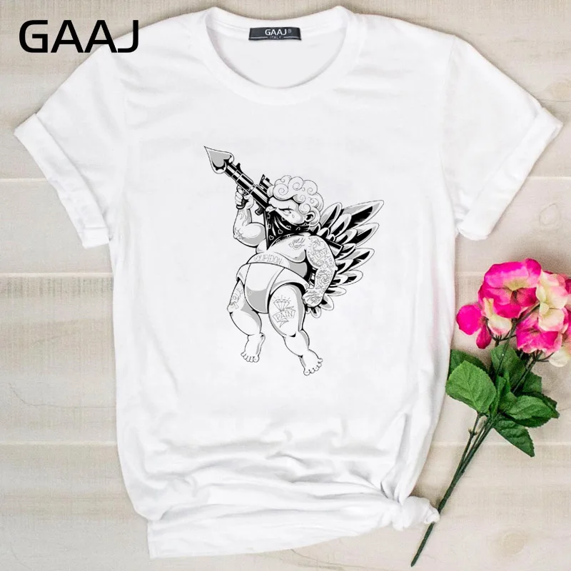 

Футболка GAAJ «уличная одежда» с изображением плохих купидонов пистолетов и ангелов», женские топы, новинка 2019, женская футболка, футболки, мо...