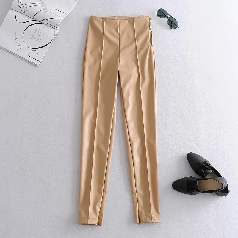 

Faux leather pants women high waist trousers fashion skinny pants black autumn trousers zipper leather leggings vintage 2020