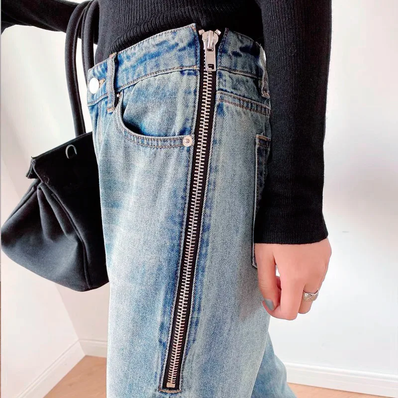 

Luxury Brand Aw Jeans Women's 22 Spring and Summer Designer New High Waist Slimming Side Zipper Raw Edge Straight-Leg Pants