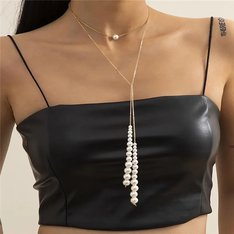 

Korea Multilayer Imitation Pearl Long Chain Necklace for Women Collar Statement Adjustable Long Link Tassel Necklace Jewelry
