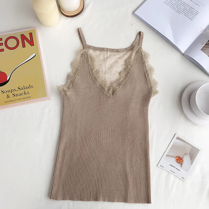 Женская майка из вязаного цветочного кружева однотонная с v-образным вырезом