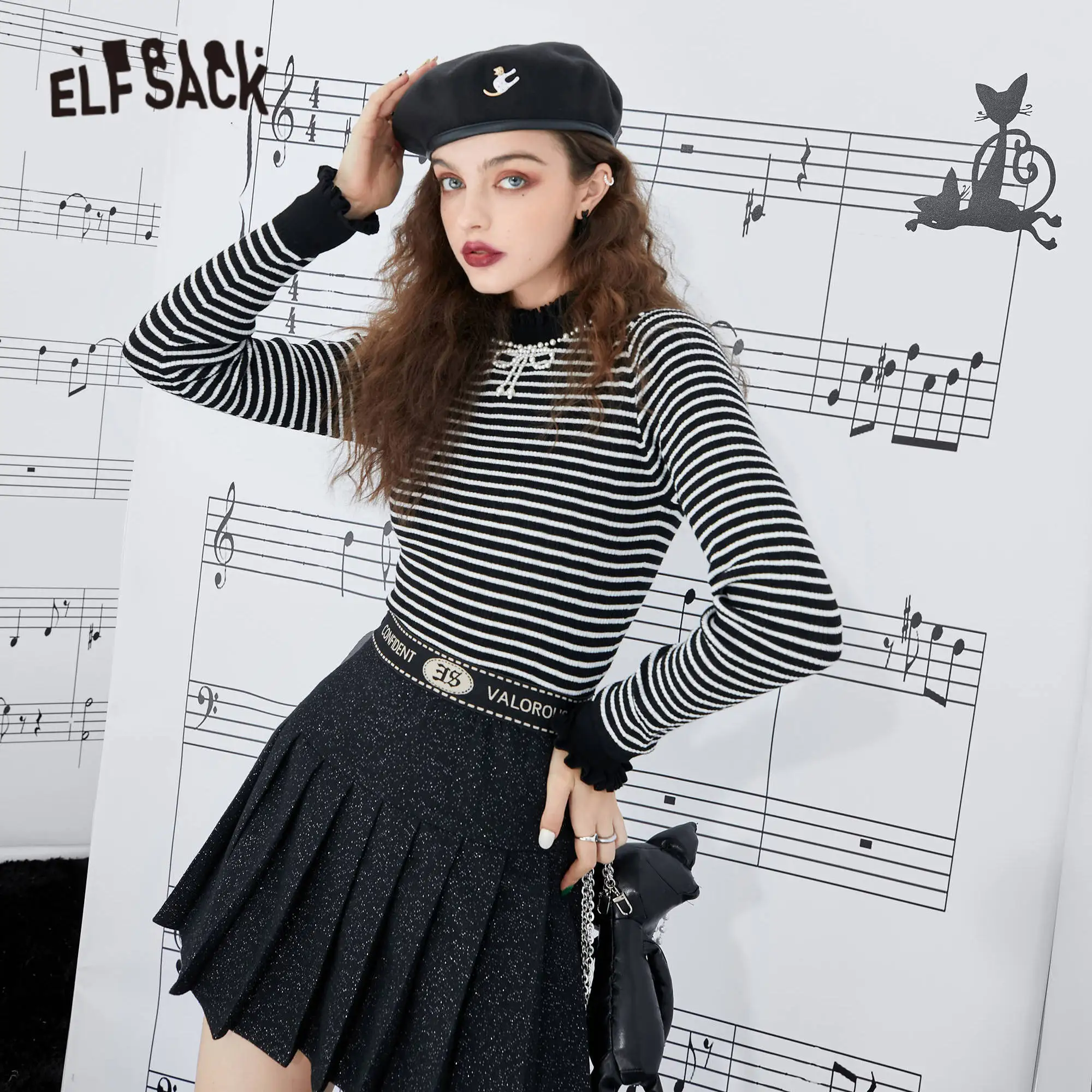 

Вязаный свитер ELFSACK в полоску, с бантами, Повседневный, с длинными рукавами, осень 2021