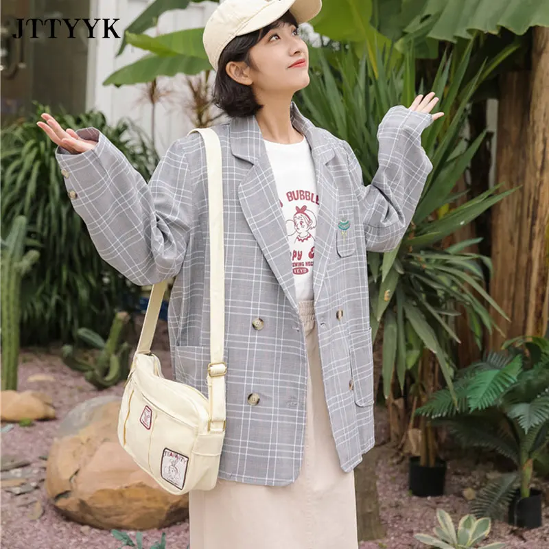 

Plaid Blazer Jackets Ladies Spring 2021 Office Double Breasted Blazer Ladies Casual Khaki Short Jacket Elegant Women's Suit