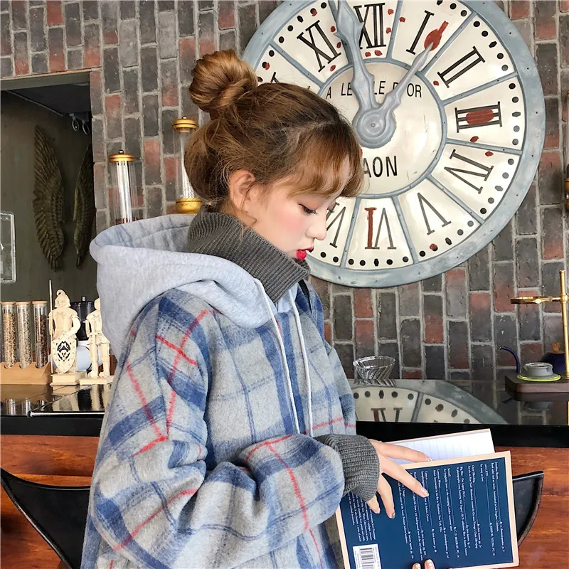 Толстовка Женская в клетку Свободный пуловер с высоким воротником и капюшоном