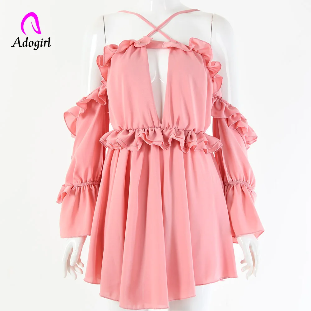 Женское шифоновое платье с оборками повседневное розовое мини открытыми плечами