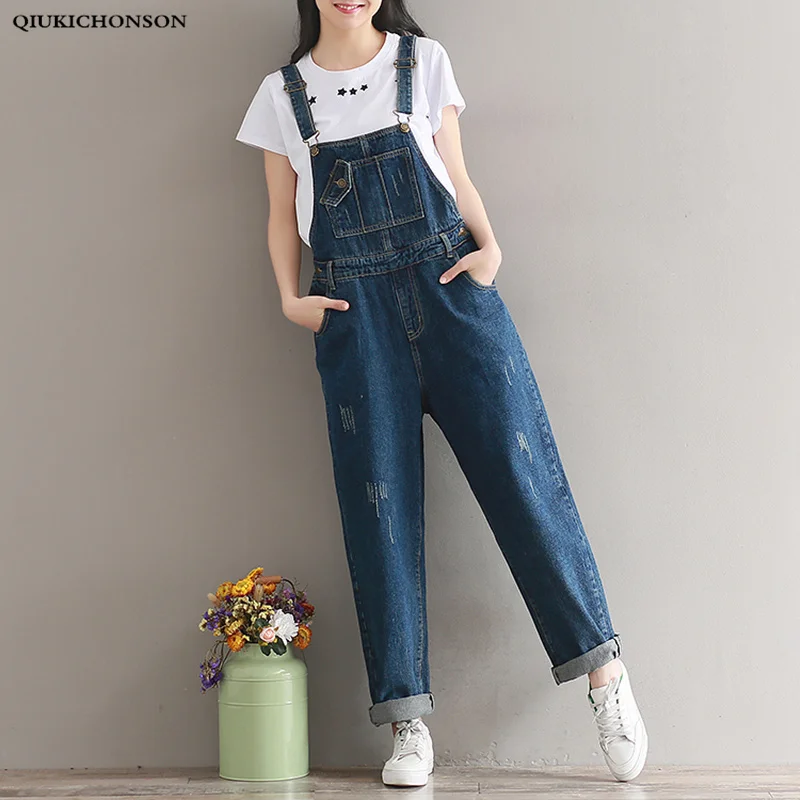 

Denim Women Overalls High Waist 2020 Spring Casual Straight Ripped Jeans With Pockets Plus Size Jumpsuits and Rompers for women