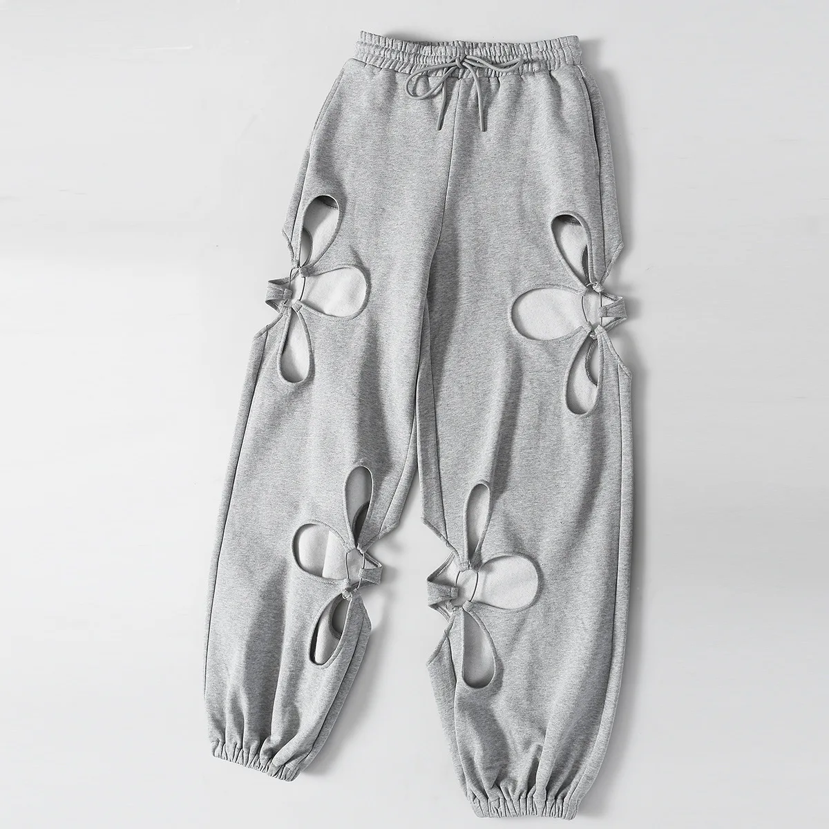 

Spring Autumn High Street Female Hollow Out Petal Design Sports High Waist Punk Casual Pants