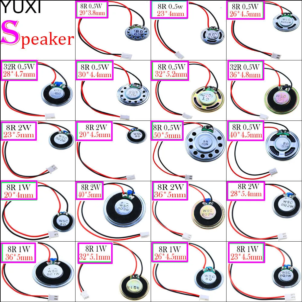 

YUXI 8R 32Ohms 0.5W 1W 2Watt Ultra-thin Speaker Diameter 20 23 26 28 30 32 36 40 50MM With Terminal Wire 1.25mm Length 14CM
