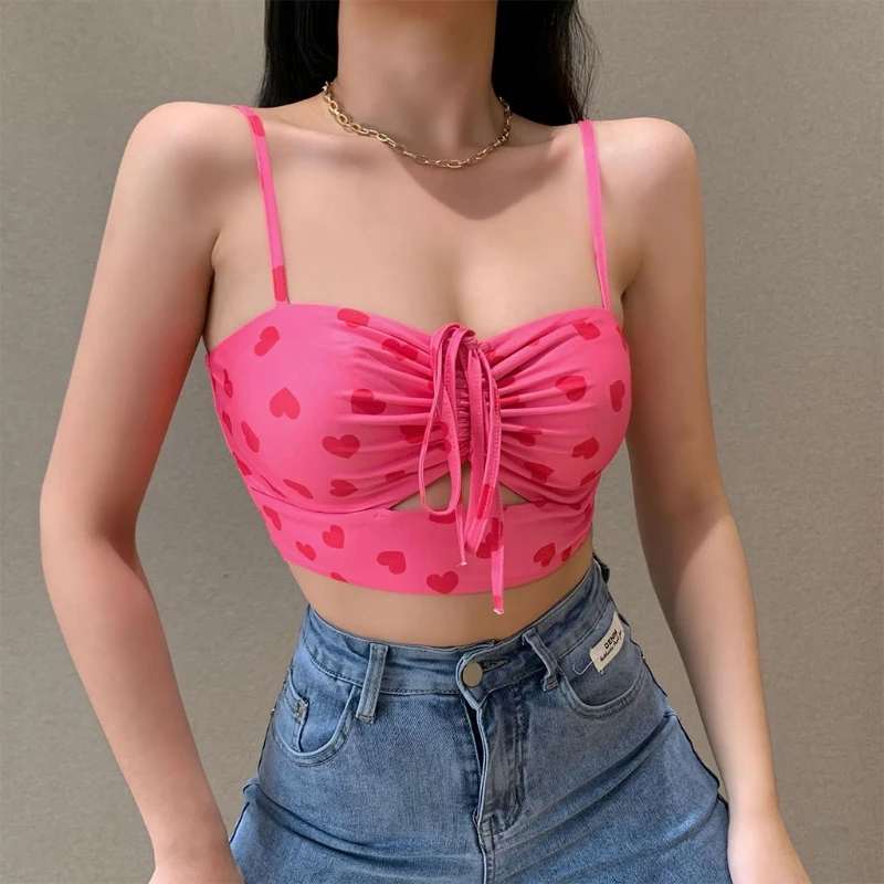 Women Summer Spaghetti Strap Crop Top Harajuku Sweet Love Heart Print Camisole Cutout Ruched Drawstring Slim Vest | Женская одежда