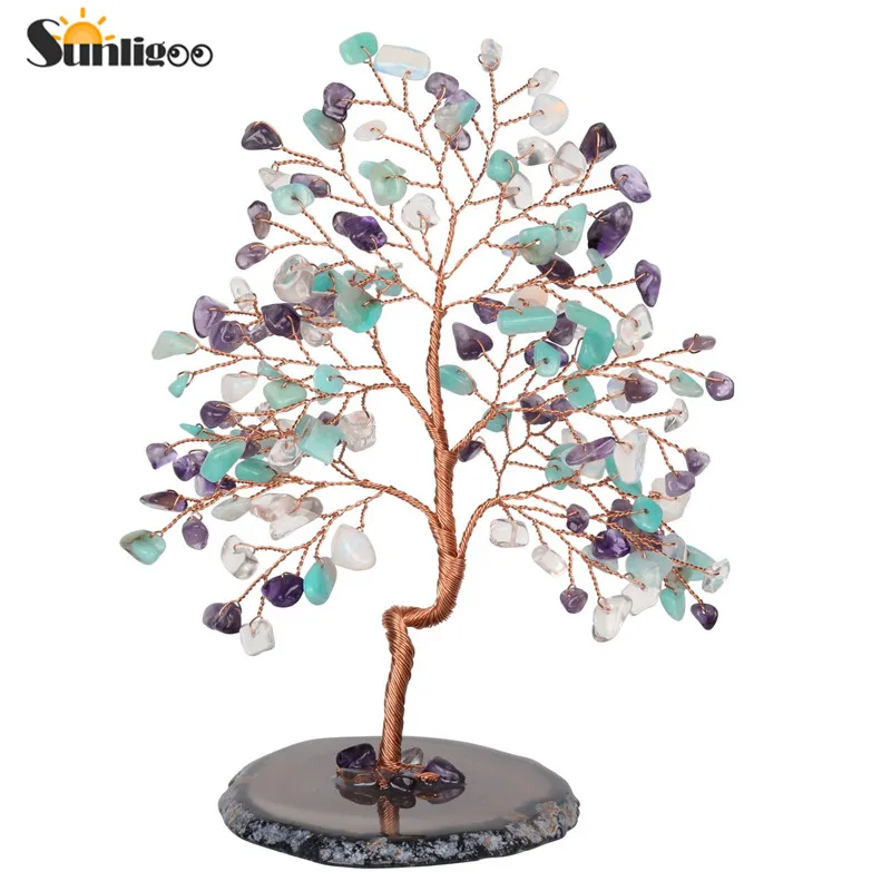 1x Mixed Stone 1 Sunligoo натуральный кристалл денежное дерево фэн-шуй Хрустальная скульптура дерево Статуэтка Исцеление драгоценный камень Дерево жизни орнамент домашний декор - Цвет: 1x Mixed Stone 1