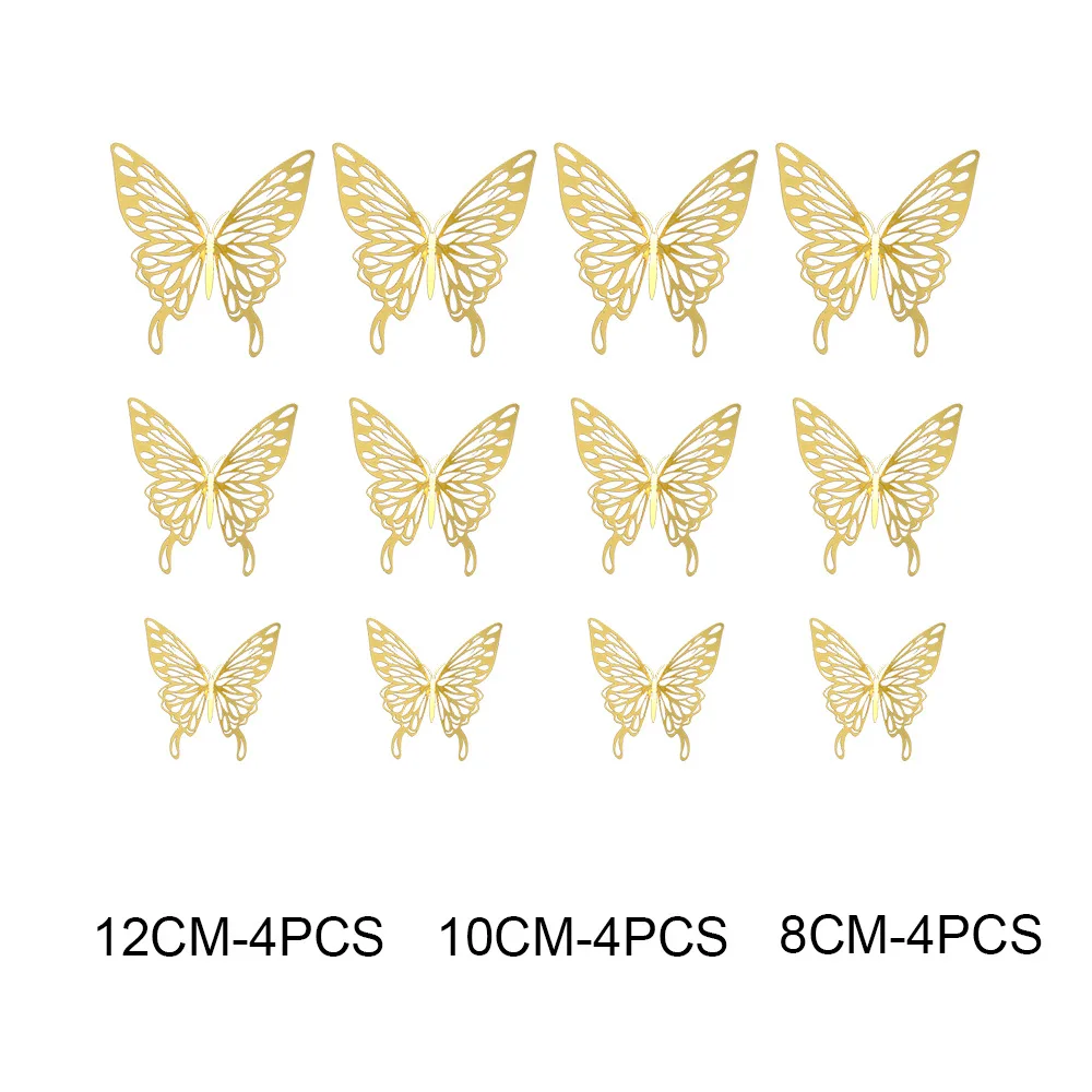 12Pcs/set 3D Hollow Butterflies Stickers Metal Gold Silver Rose Gold Hollow Butterfly for Party Balloons Home Decor Wall Decor images - 6