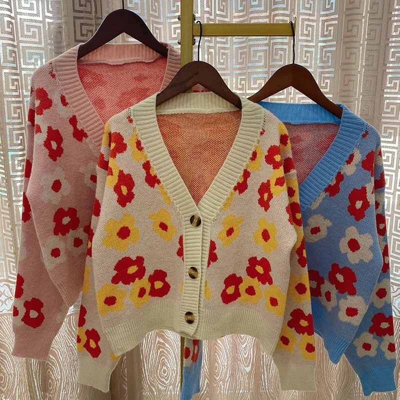 

Knitted cardigan women's Sweater coat autumn winter 2021 loose fashion flower V-neck long-sleeved shortsweater women cardigans