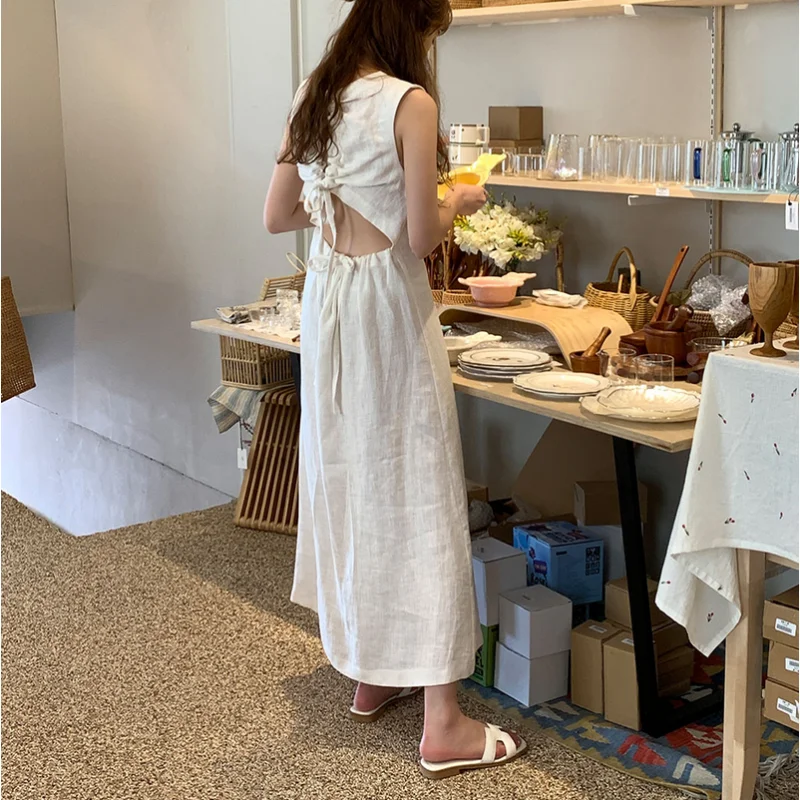 

Simple Design Back Hollow Out Sleeveless Vest Dress Women Korean Chic Slim Waist Elegant Robe Femme O Neck Casual Vestidos Mujer