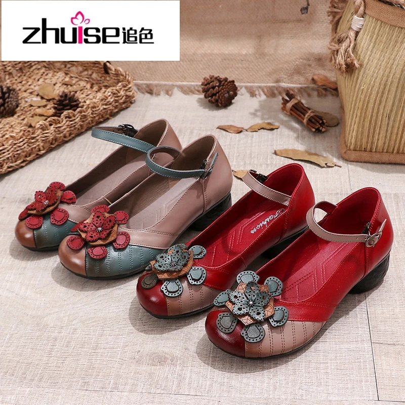 

Новинка осени 2020, обувь для мам из воловьей кожи в национальном стиле, женские кожаные туфли на среднем толстом каблуке, туфли с закрытым нос...