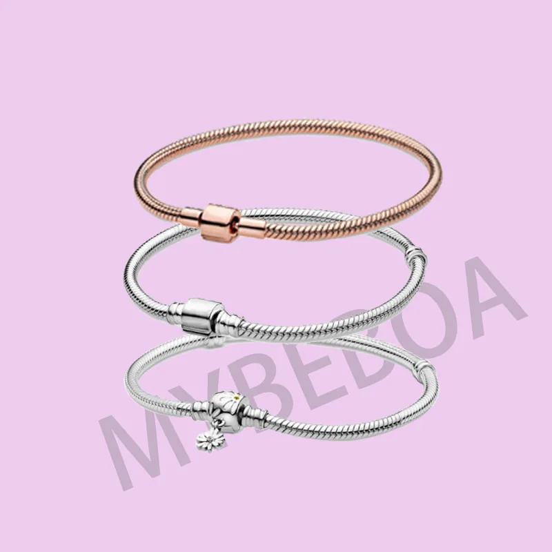 

2020 New Spring Collection 925 Solid Silver Bracelet Barrel Clasp Daisy Flower Clasp Snake Chain Bracelet Women Jewelry
