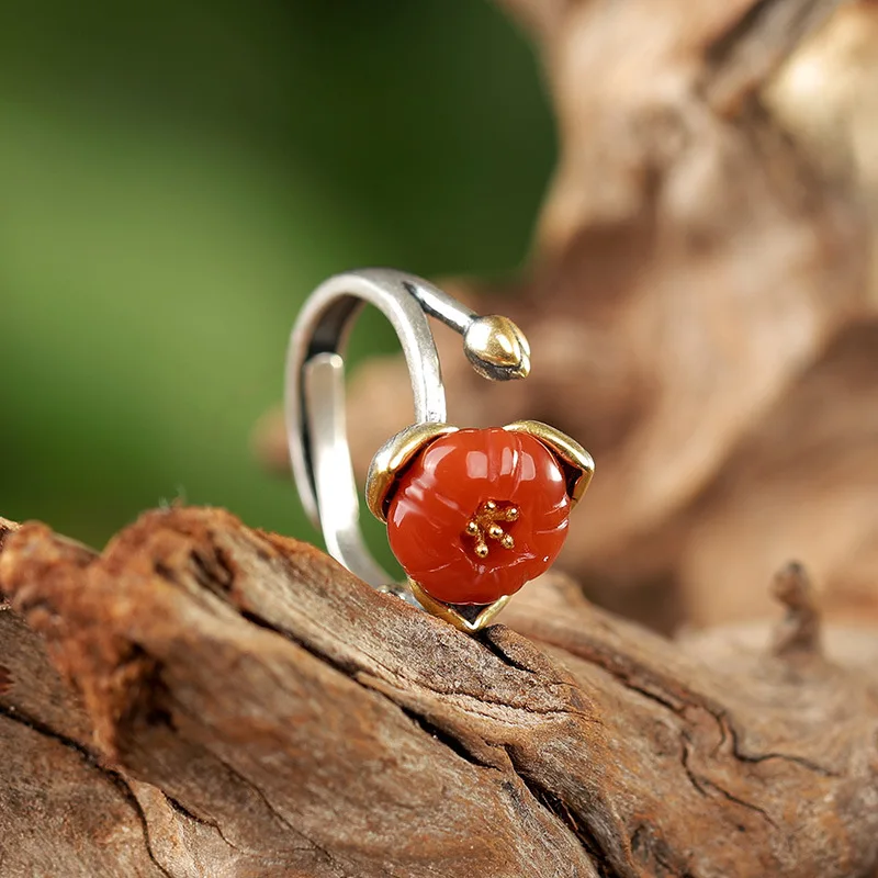 

Real 925 Sterling Silver Flower Open Rings for Women Enthic Red Stone Women Vintage Thai Silver Ring Fashion Jewelry Gifts